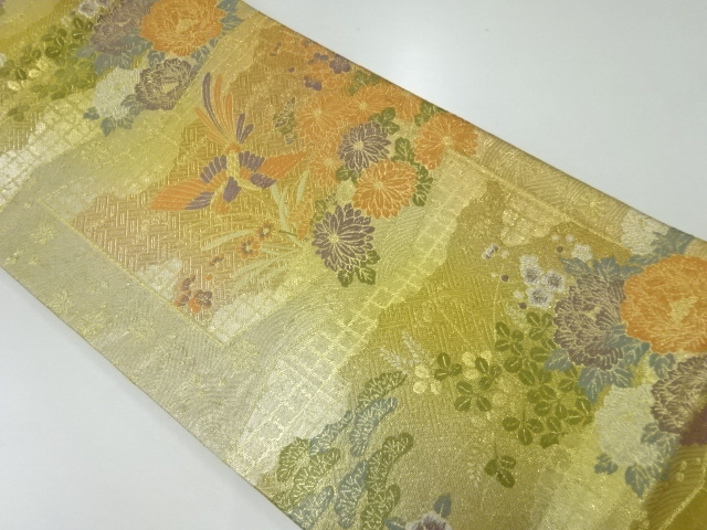 リサイクル　草花に鳳凰模様織出し袋帯